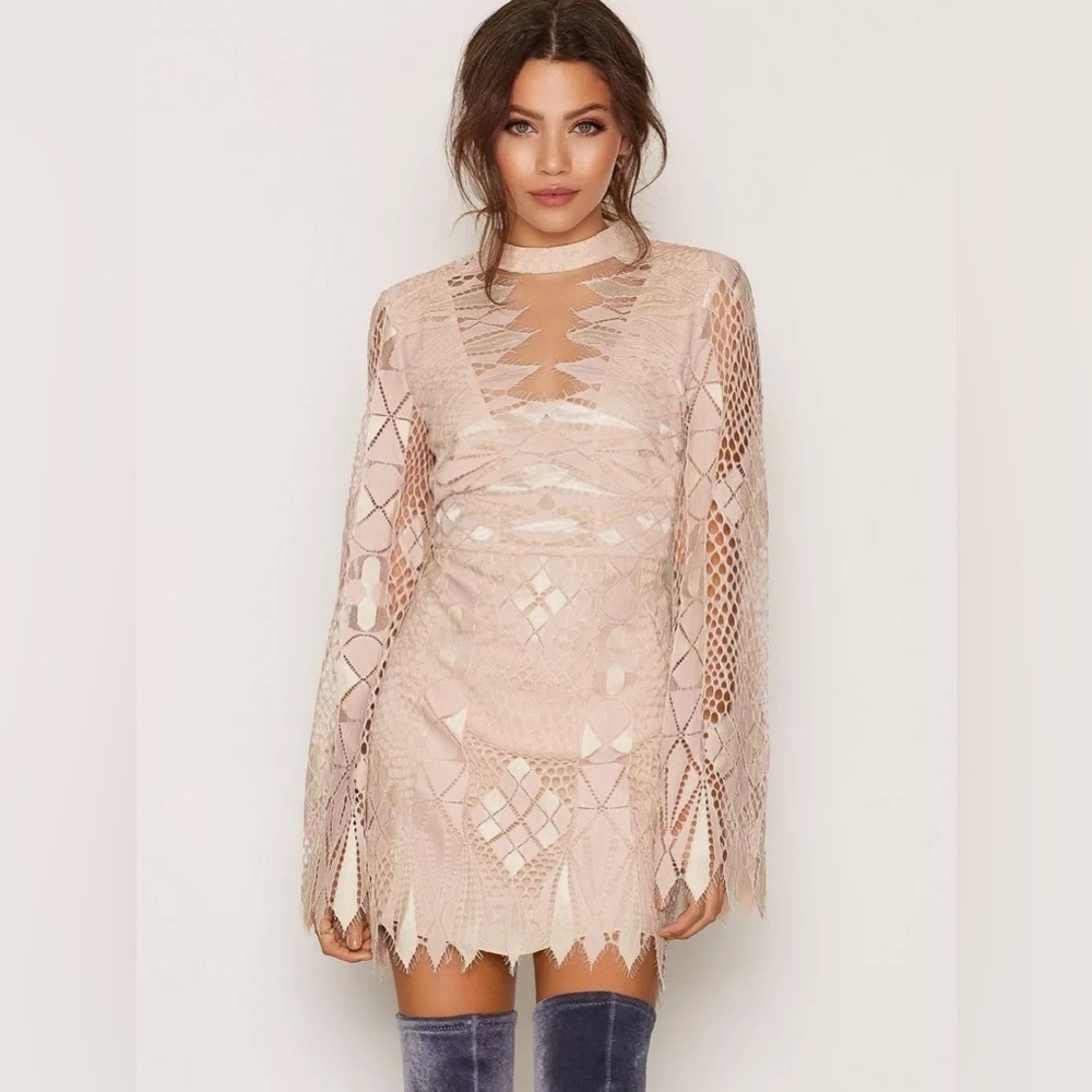 Free People Deco Lace Ivoy Combo Long Bell Sleeve Mesh Inserts Mini Dress NWT 4